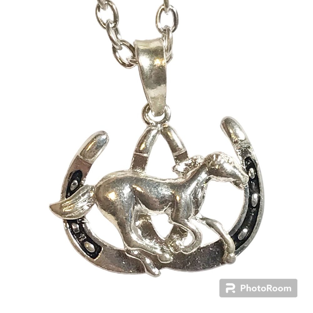 Horse Necklace Mustang Horseshoe Silver Plated Cowgirl Country Western 18-20"